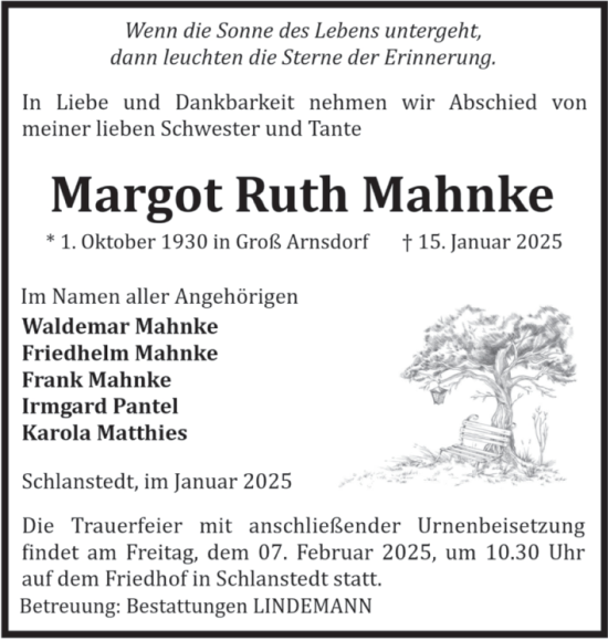 Traueranzeige von Margot Ruth Mahnke von Volksstimme Halberstadt