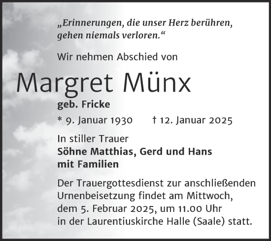 Traueranzeige von Margret Münx von Mitteldeutsche Zeitung Halle/Saalkreis