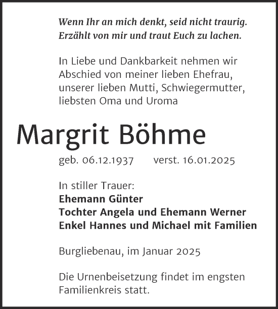 Traueranzeige von Margrit Böhme von Mitteldeutsche Zeitung Merseburg/Querfurt
