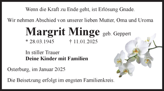 Traueranzeige von Margrit Minge von Volksstimme Altmark Ost
