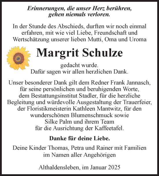 Traueranzeige von Margrit Schulze von Volksstimme Haldensleben/Wolmirstedt