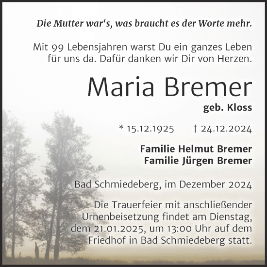 Traueranzeige von Maria Bremer von Trauerkombi Wittenberg