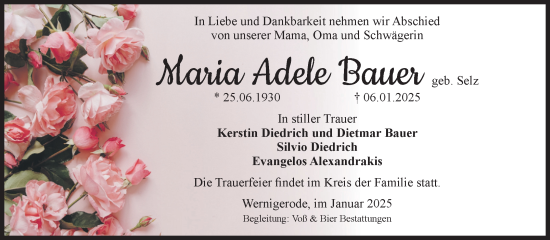 Traueranzeige von Maria Adele Bauer von Volksstimme Wernigerode