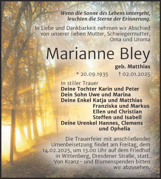 Traueranzeige von Marianne Bley von Trauerkombi Wittenberg