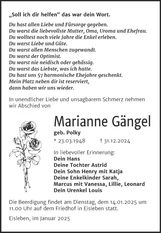 Traueranzeige von Marianne Gängel von Trauerkombi Mansfelder Land