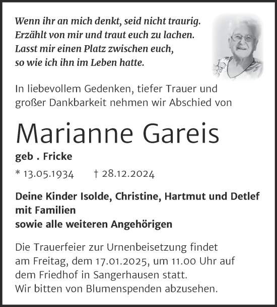 Traueranzeige von Marianne Gareis von Trauerkombi Sangerhausen