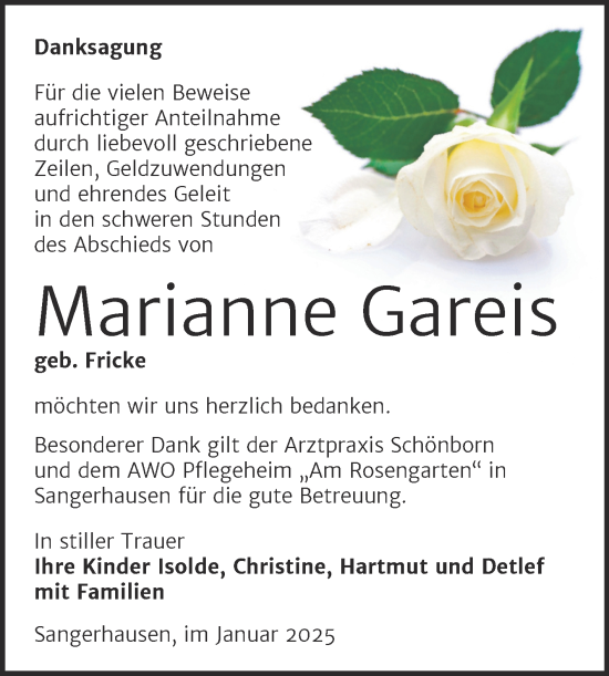 Traueranzeige von Marianne Gareis von Trauerkombi Sangerhausen
