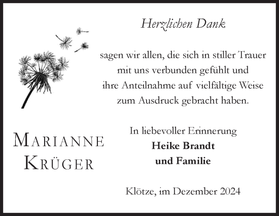 Traueranzeige von Marianne Krüger von Volksstimme Altmark West
