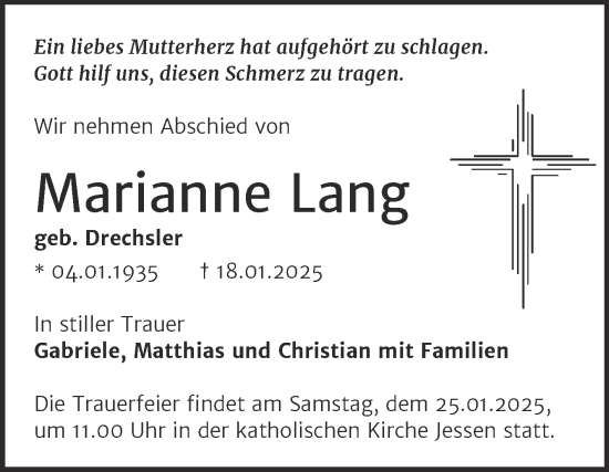 Traueranzeige von Marianne Lang 