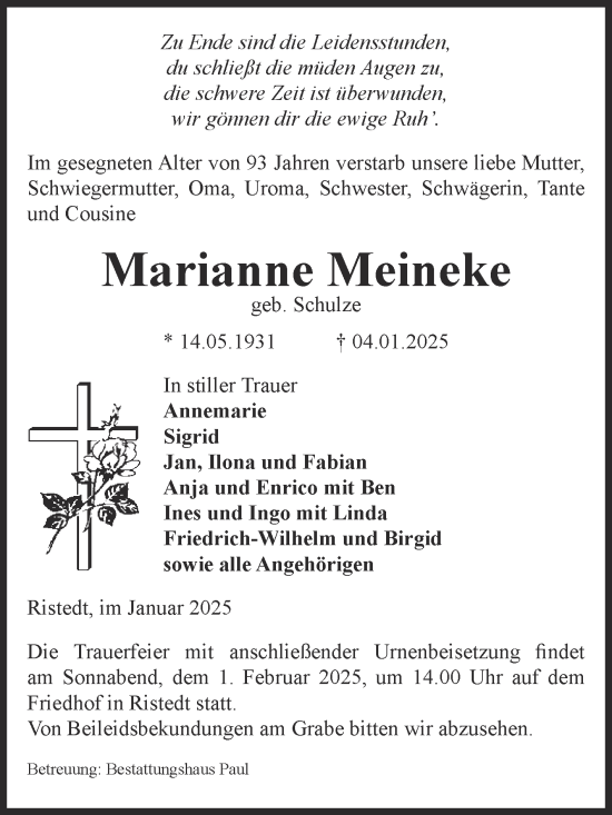 Traueranzeige von Marianne Meineke von Volksstimme Altmark West