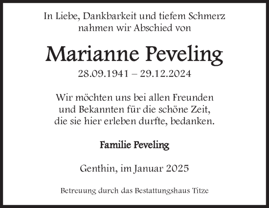 Traueranzeige von Marianne Peveling von Volksstimme Burg/Genthin