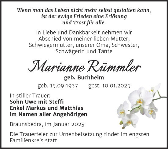 Traueranzeige von Marianne Rümmler von Trauerkombi Merseburg
