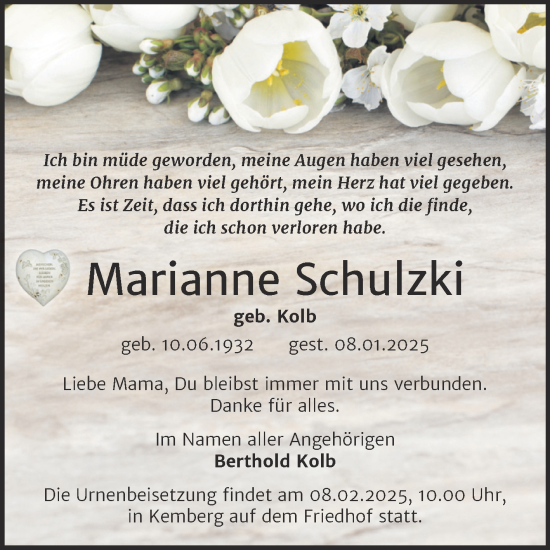 Traueranzeige von Marianne Schulzki von Trauerkombi Wittenberg