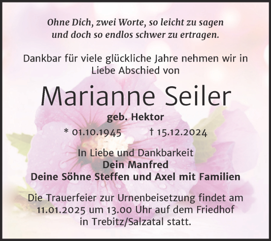 Traueranzeige von Marianne Seiler 