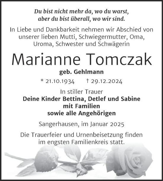 Traueranzeige von Marianne Tomczak von Trauerkombi Sangerhausen