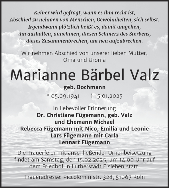 Traueranzeige von Marianne Bärbel Valz von Mitteldeutsche Zeitung Mansfelder Land