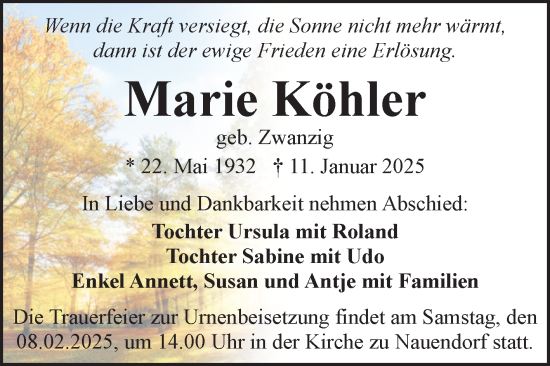Traueranzeige von Marie Köhler von Mitteldeutsche Zeitung Halle/Saalkreis