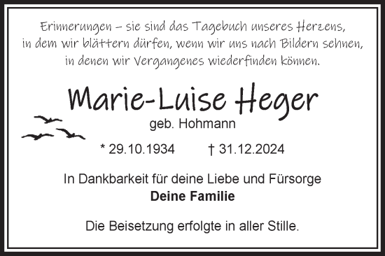 Traueranzeige von Marie-Luise Heger von Volksstimme Magdeburg