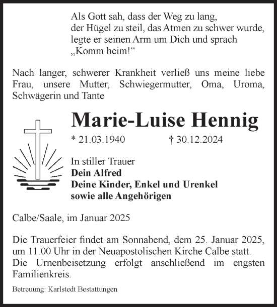 Traueranzeige von Marie-Luise Hennig von Volksstimme Schönebeck