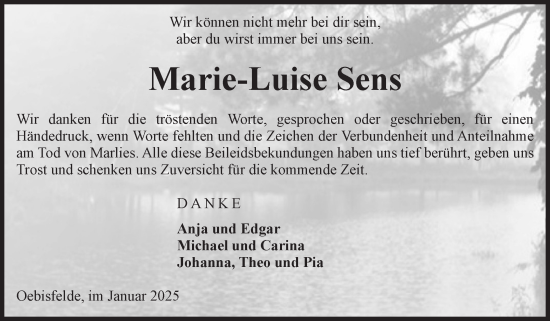 Traueranzeige von Marie-Luise Sens von Volksstimme Altmark West