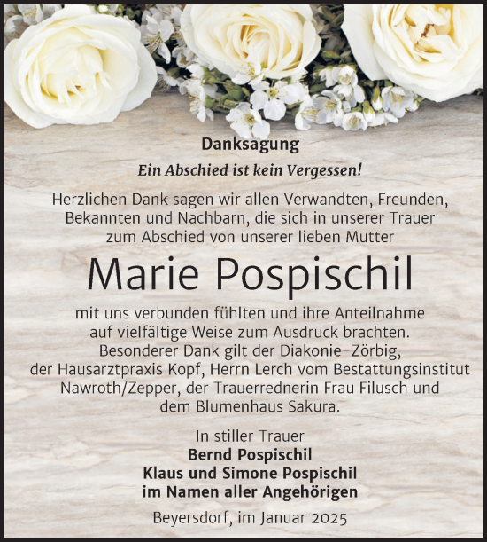 Traueranzeige von Marie Pospischil von Trauerkombi Bitterfeld