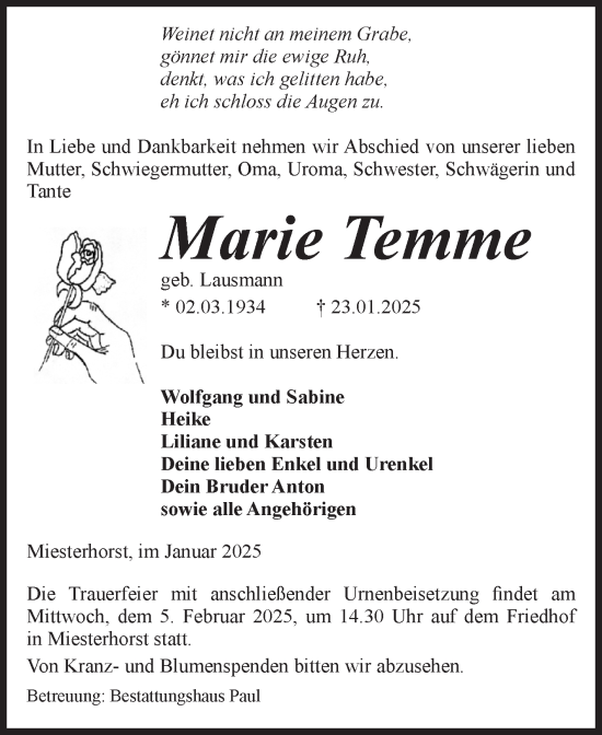 Traueranzeige von Marie Temme von Volksstimme Altmark West