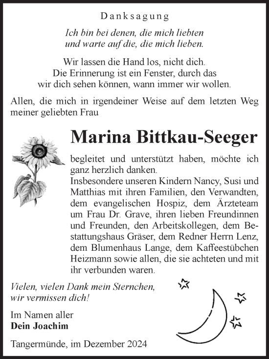 Traueranzeige von Marina Bittkau-Seeger von Volksstimme Altmark Ost