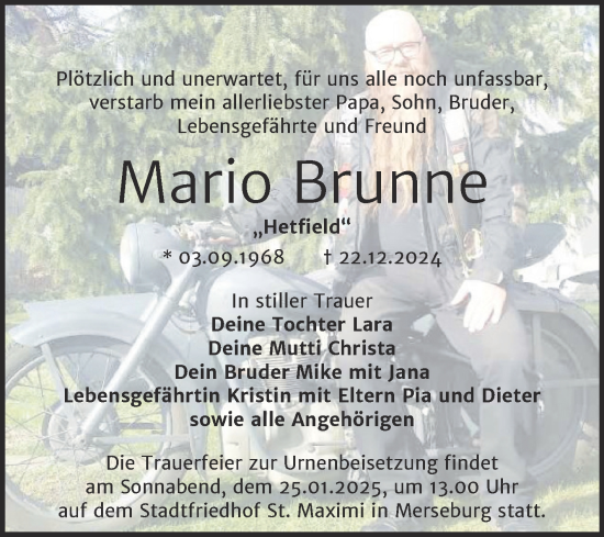 Traueranzeige von Mario Brunne von Trauerkombi Merseburg