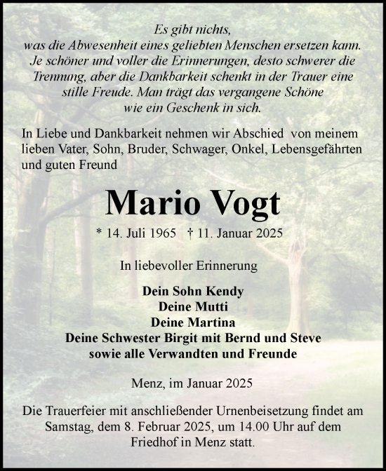 Traueranzeige von Mario Vogt von Volksstimme Burg/Genthin