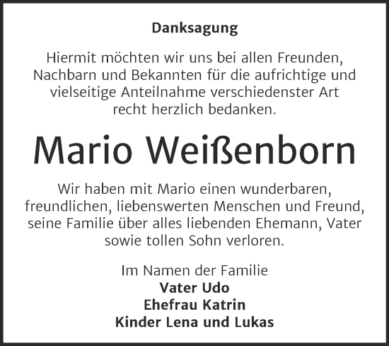 Traueranzeige von Mario Weißenborn von Trauerkombi Bernburg