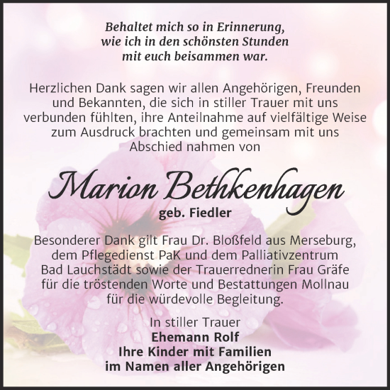 Traueranzeige von Marion Bethkenhagen von Trauerkombi Merseburg