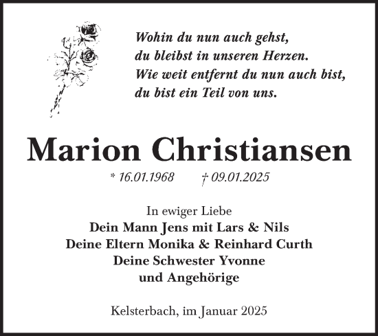 Traueranzeige von Marion Christiansen von Trauerkombi Mansfelder Land