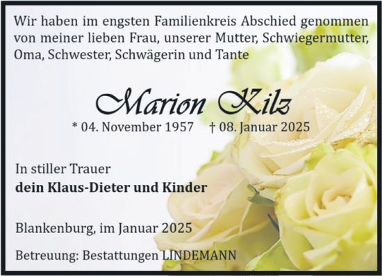 Traueranzeige von Marion Kilz von Volksstimme Wernigerode