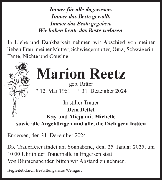 Traueranzeige von Marion Reetz von Volksstimme Altmark West