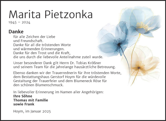 Traueranzeige von Marita Pietzonka von Trauerkombi Aschersleben