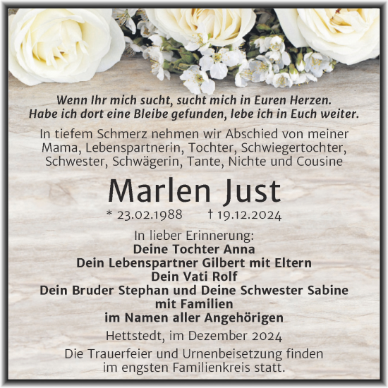 Traueranzeige von Marlen Just von Trauerkombi Mansfelder Land