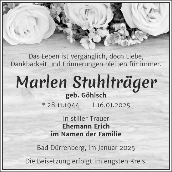 Traueranzeige von Marlen Stuhlträger von Trauerkombi Merseburg