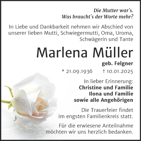 Traueranzeige von Marlena Müller von Trauerkombi Mansfelder Land