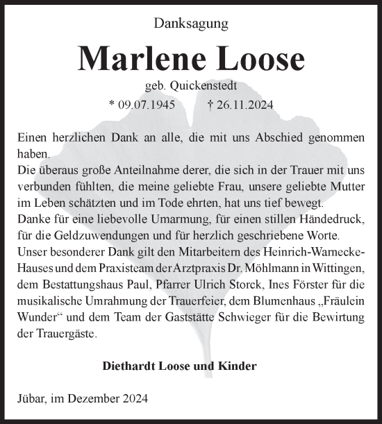 Traueranzeige von Marlene Loose von Volksstimme Altmark West