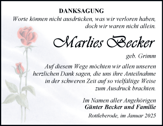 Traueranzeige von Marlies Becker von Mitteldeutsche Zeitung Sangerhausen