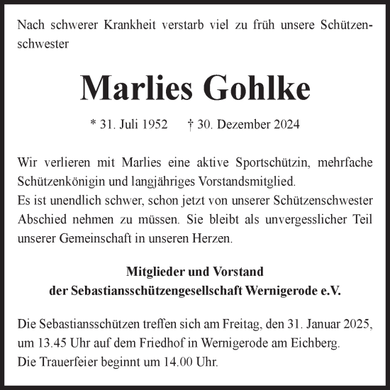 Traueranzeige von Marlies Gohlke von Volksstimme Wernigerode