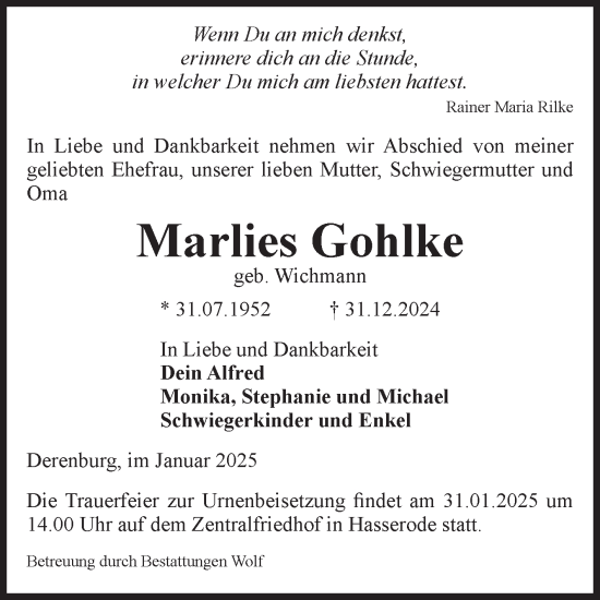Traueranzeige von Marlies Gohlke von Volksstimme Wernigerode