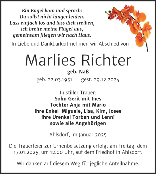 Traueranzeige von Marlies Richter von Trauerkombi Mansfelder Land