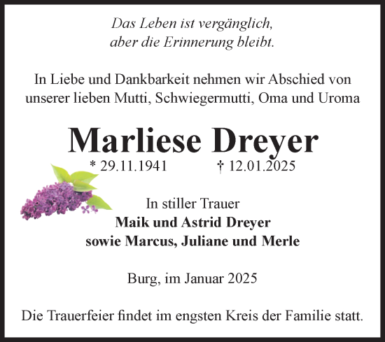 Traueranzeige von Marliese Dreyer von Volksstimme Burg/Genthin
