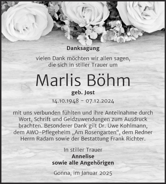 Traueranzeige von Marlis Böhm von Trauerkombi Sangerhausen