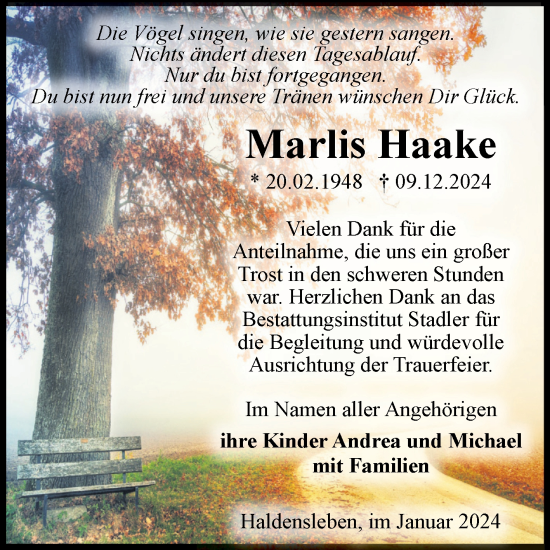 Traueranzeige von Marlis Haake von Volksstimme Haldensleben/Wolmirstedt