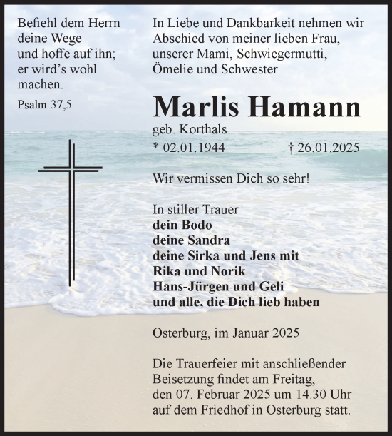 Traueranzeige von Marlis Hamann von Volksstimme Altmark Ost