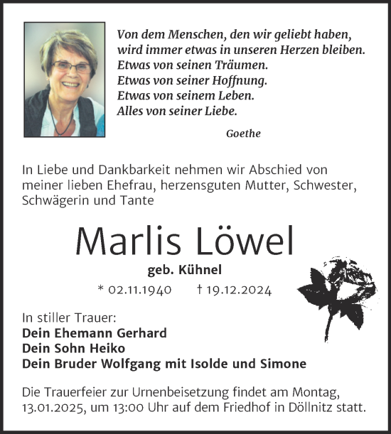 Traueranzeige von Marlis Löwel von Mitteldeutsche Zeitung Halle/Saalkreis