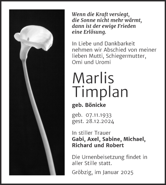 Traueranzeige von Marlis Timplan von Trauerkombi Köthen