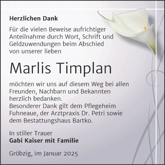Traueranzeige von Marlis Timplan von Trauerkombi Köthen